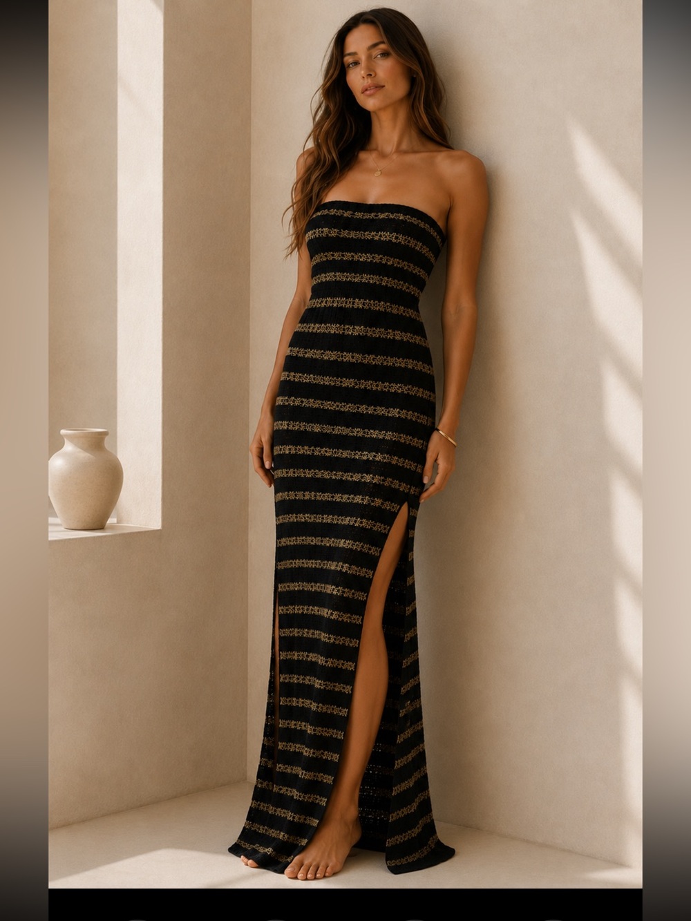 Strapless Black and Gold Striped Crocheted Maxi Tube Dress